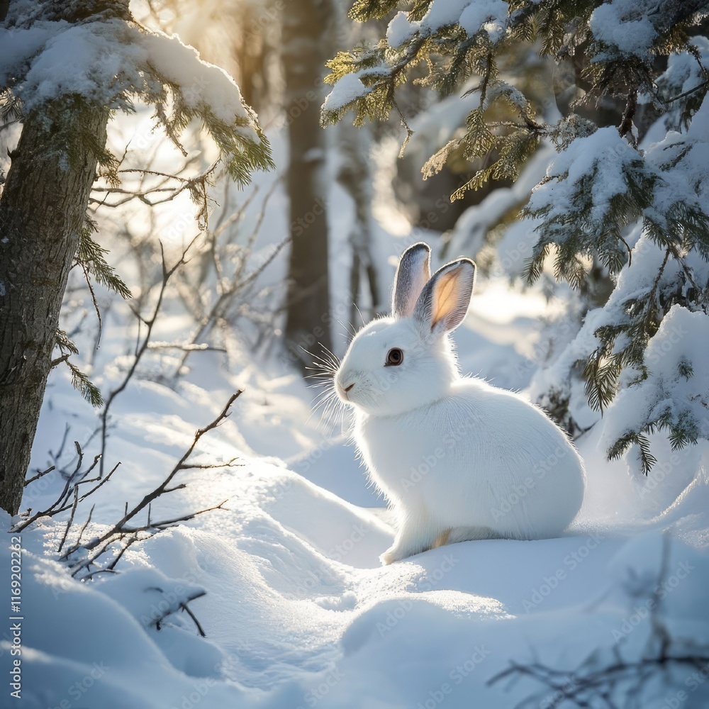 A snowy white rabbit sits amidst a snow-covered forest, bathed in sunlight A snowy white rabbit sits amidst a snow-covered forest, bathed in sunlight
