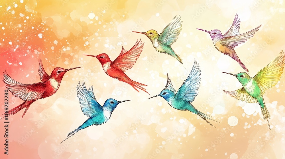 Fototapeta premium A colorful illustration of various hummingbirds in flight against a vibrant background.