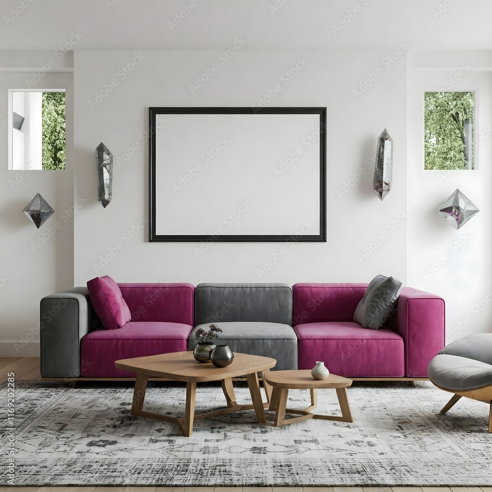 minimalist living room bathed in natural light from a large window.Frame mockup, Living room wall poster mockup. Interior mockup with house background. Modern interior design. minimalist living room bathed in natural light from a large window.Frame mockup, Living room wall poster mockup. Interior mockup with house background. Modern interior design.