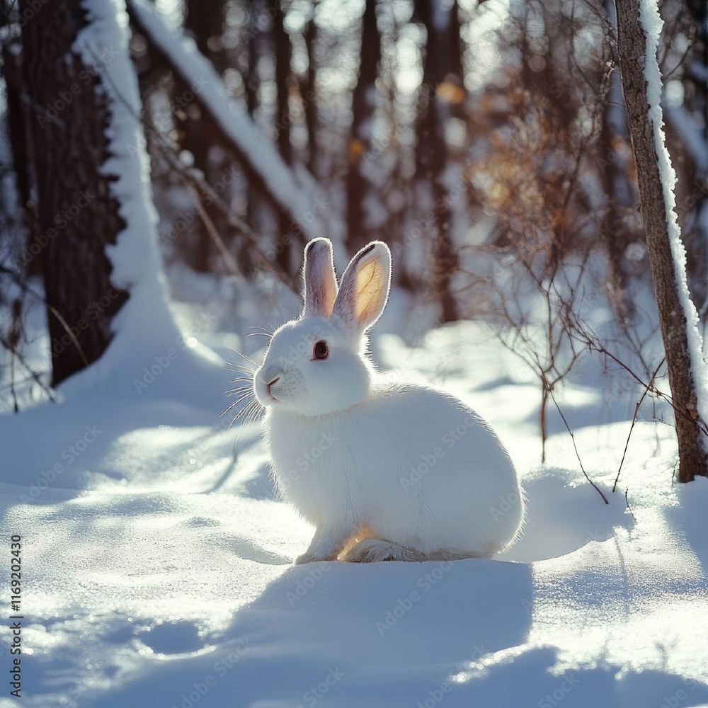 A snowy white rabbit sits amidst a snow-covered forest, bathed in sunlight A snowy white rabbit sits amidst a snow-covered forest, bathed in sunlight
