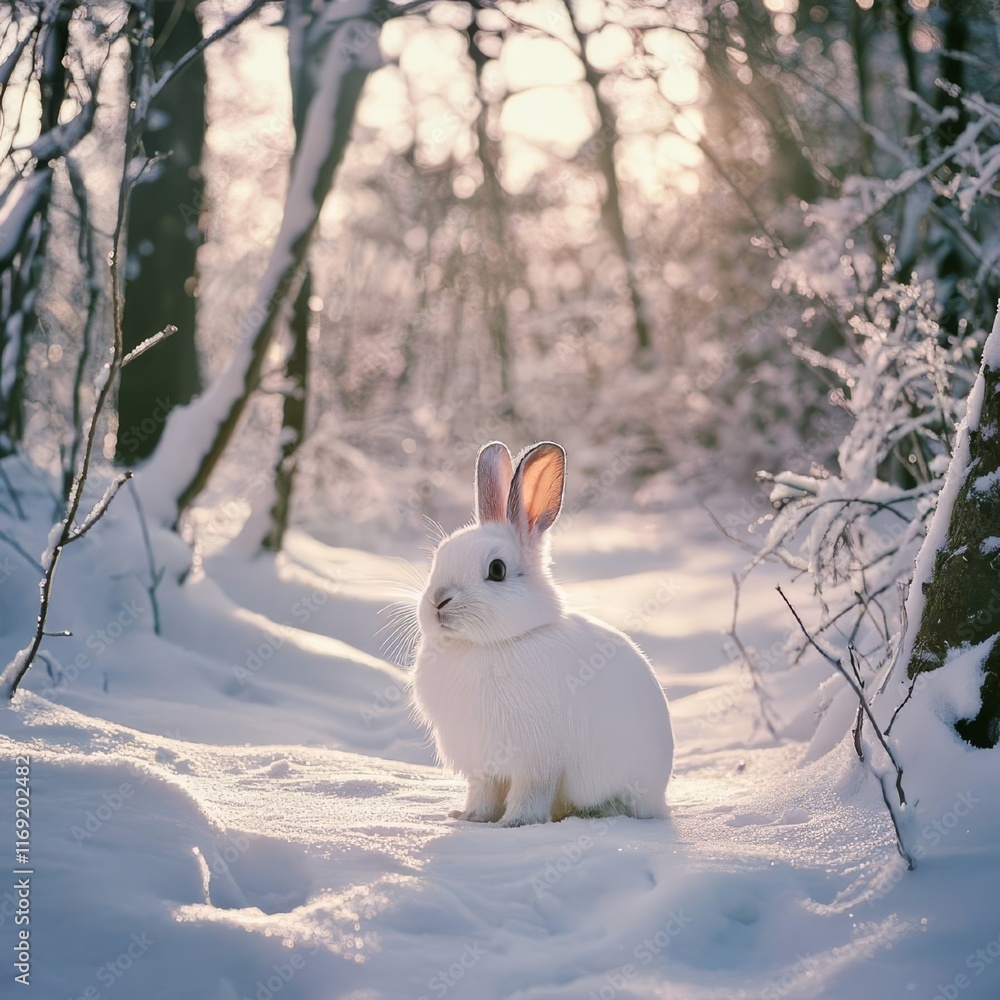 A snowy white rabbit sits amidst a snow-covered forest, bathed in sunlight A snowy white rabbit sits amidst a snow-covered forest, bathed in sunlight