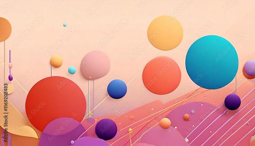 Abstract geometric composition, colorful circles and spheres, pastel background, 3D rendering, soft lighting, playful shapes and floating elements, modern art style, digital illustration Abstract geometric composition, colorful circles and spheres, pastel background, 3D rendering, soft lighting, playful shapes and floating elements, modern art style, digital illustration