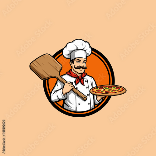 The image depicts a cartoon chef in a white uniform holding a pizza and a wooden peel.