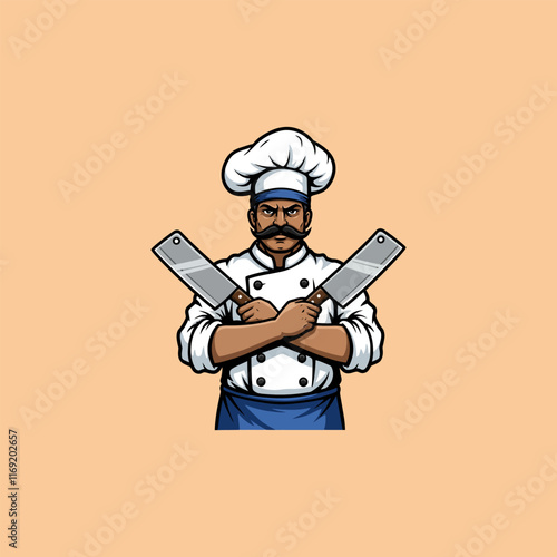 The image shows a cartoon illustration of a serious chef with crossed cleavers.