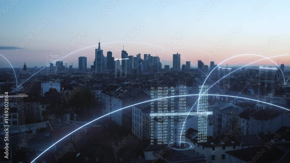 custom made wallpaper toronto digitalDigital lines connecting buildings in the Frankfurt skyline at sunset showcase data overlays, smart city concept and urban innovation and connectivity of the future