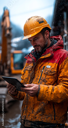 A man in a yellow and red jacket is looking at a tablet. He is wearing a hard hat and a safety vest