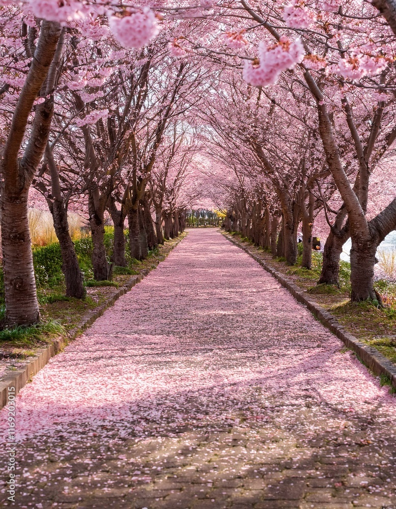 Pink petals blanket a path under a blossoming cherry tree tunnel. Pink petals blanket a path under a blossoming cherry tree tunnel.