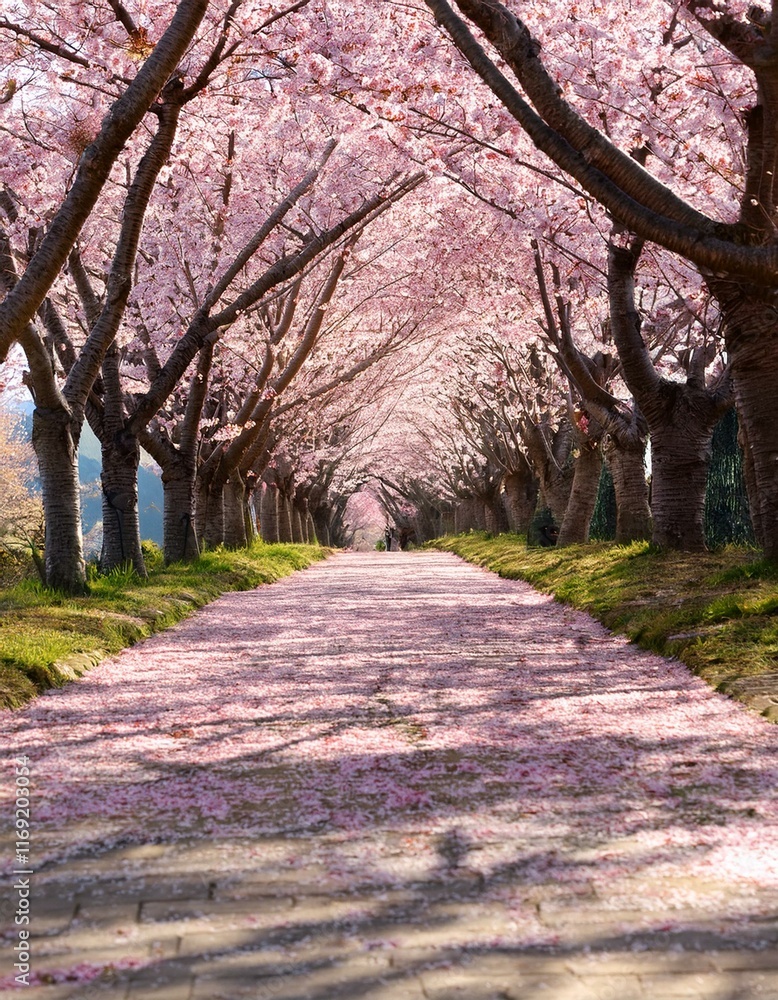 Pink petals carpet a path under a blossoming cherry tree tunnel. Pink petals carpet a path under a blossoming cherry tree tunnel.