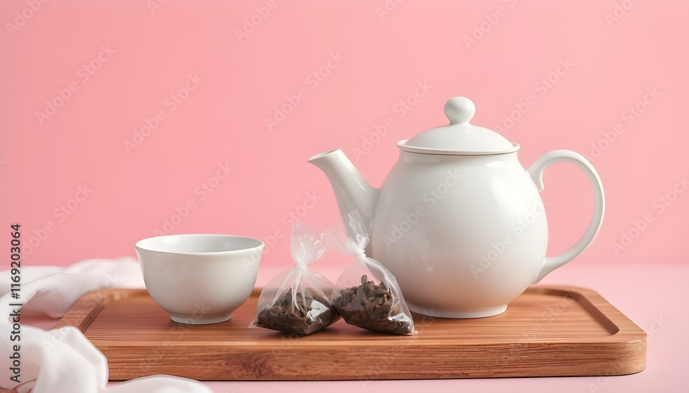 The Art of Tea: A Tranquil Tea Service Featuring a White Ceramic Teapot, Matching Teacup, and Loose Tea Leaves on a Wooden Tray with a Pink Background The Art of Tea: A Tranquil Tea Service Featuring a White Ceramic Teapot, Matching Teacup, and Loose Tea Leaves on a Wooden Tray with a Pink Background