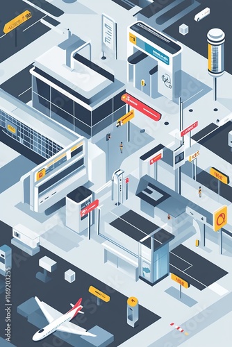 An isometric illustration of a bustling international airport terminal.