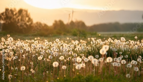 Golden hour illuminates a field of fluffy dandelion clocks.
