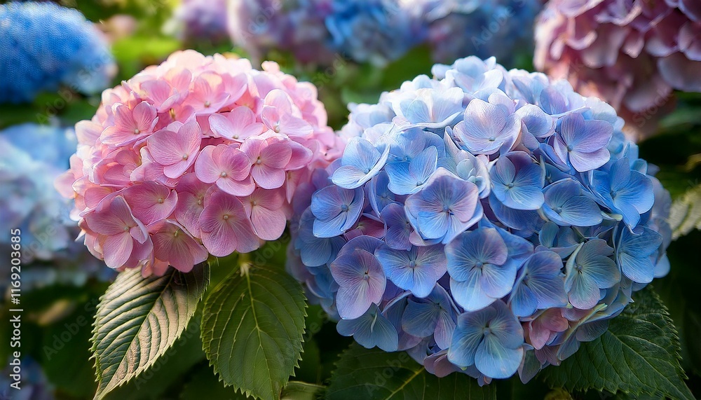 Pastel pink and blue hydrangeas in full bloom. A vibrant summer garden scene. Pastel pink and blue hydrangeas in full bloom. A vibrant summer garden scene.
