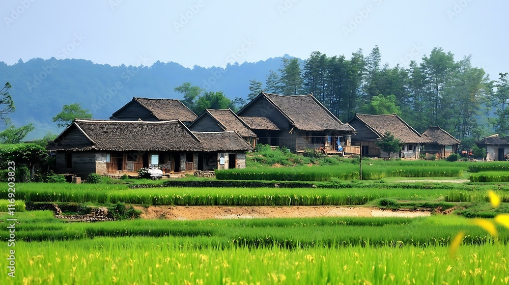 Rural Village Landscape with Rice Paddies Rural Village Landscape with Rice Paddies