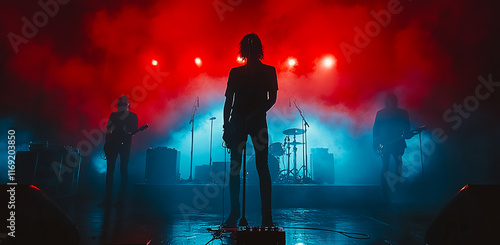 A band is performing on stage with a dark background and smoke. The band members are standing on a stage with microphones and instruments