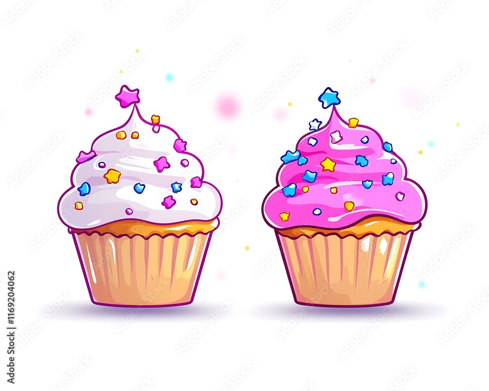 Two cartoon cupcakes with frosting, sprinkles, and stars. Two cartoon cupcakes with frosting, sprinkles, and stars.