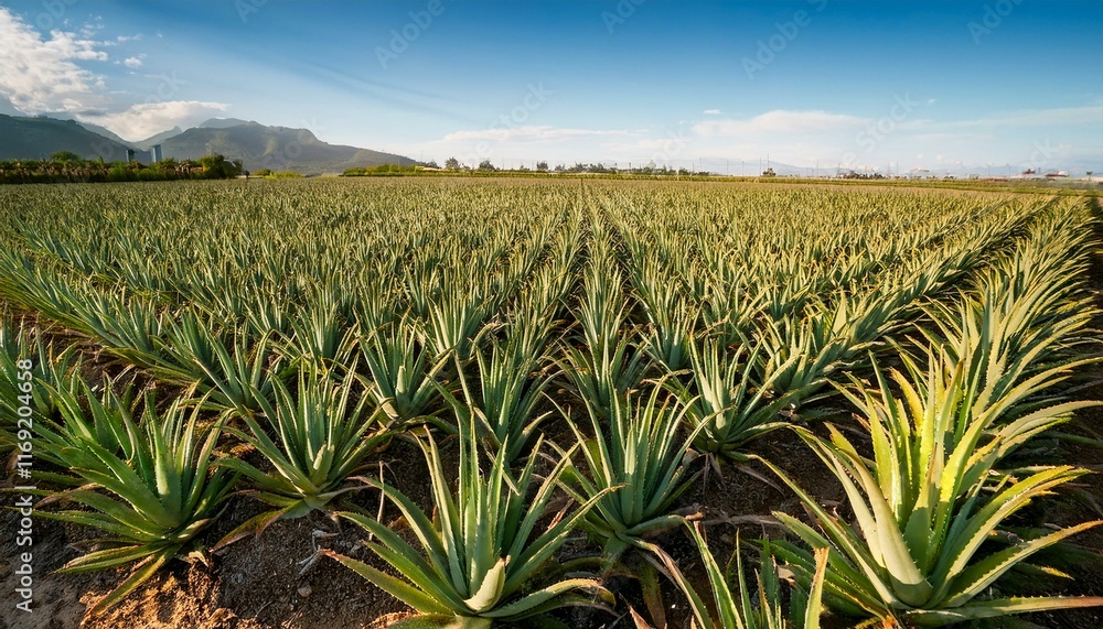 Vast rows of aloe vera plants bask in the sunlight, creating a vibrant green landscape.