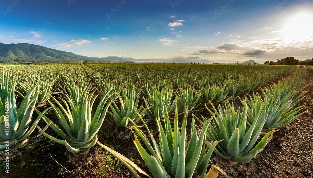 Vast aloe vera plantation under a sunny sky. Vast aloe vera plantation under a sunny sky.