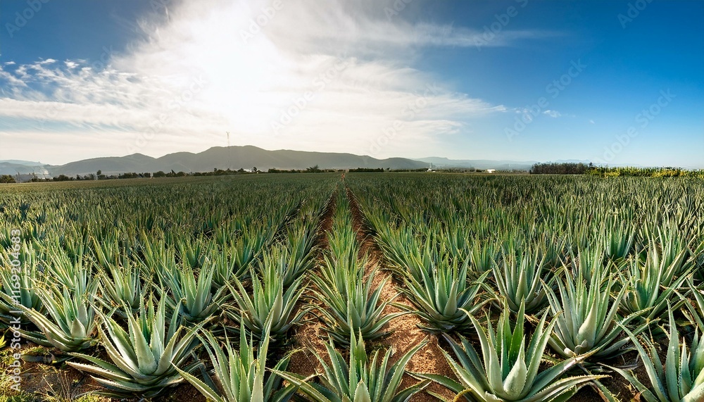 Vast aloe vera plantation under a sunny sky. Vast aloe vera plantation under a sunny sky.