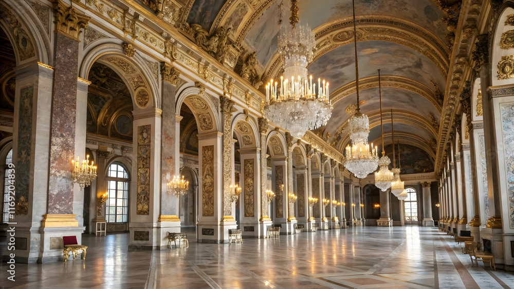 A grand hall with towering ornate columns adorned with intricate carvings, sweeping arches with gilded accents, and a polished marble floor that reflects the grandeur of the architecture