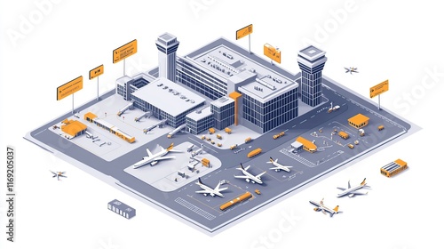 An isometric illustration of a bustling international airport terminal.
