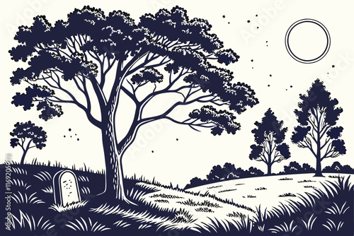 A forest thicket, the edge of the forest, in the middle of a meadow, there are many trees around, there is a tombstone on the lawn, it's night outside, the moon is shining brightly, vector ima