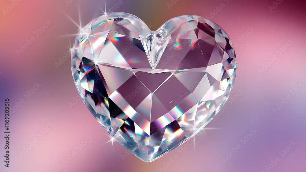Fototapeta premium A sparkling, transparent crystal heart with light refracting into rainbow colors, set on a soft gradient background of pink and purple hues.