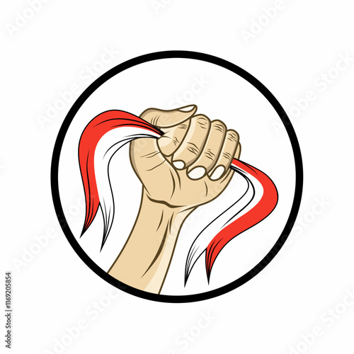 Vector graphic illustration of hands holding tightly the red and white ribbon symbolizing the proud flag of Indonesia in a circular design. Symbolizing unity, determination, strength, and national ide