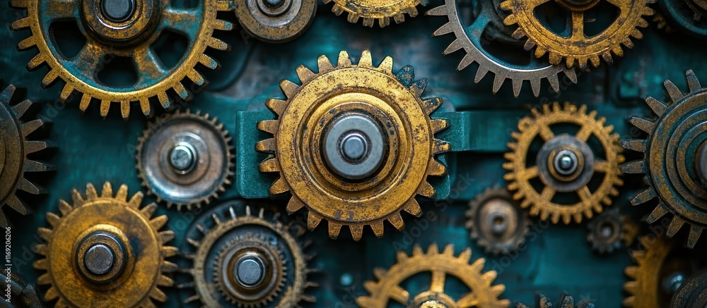 Close-up of intricately meshed golden and teal gears. Close-up of intricately meshed golden and teal gears.