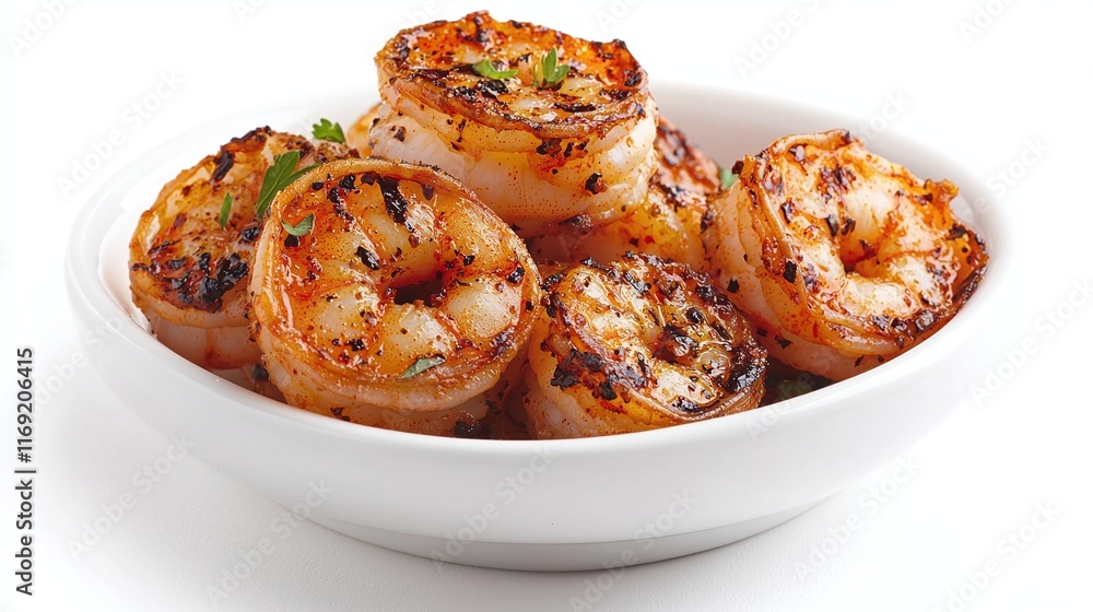 Grilled shrimp in a white bowl, seasoned with herbs. Grilled shrimp in a white bowl, seasoned with herbs.