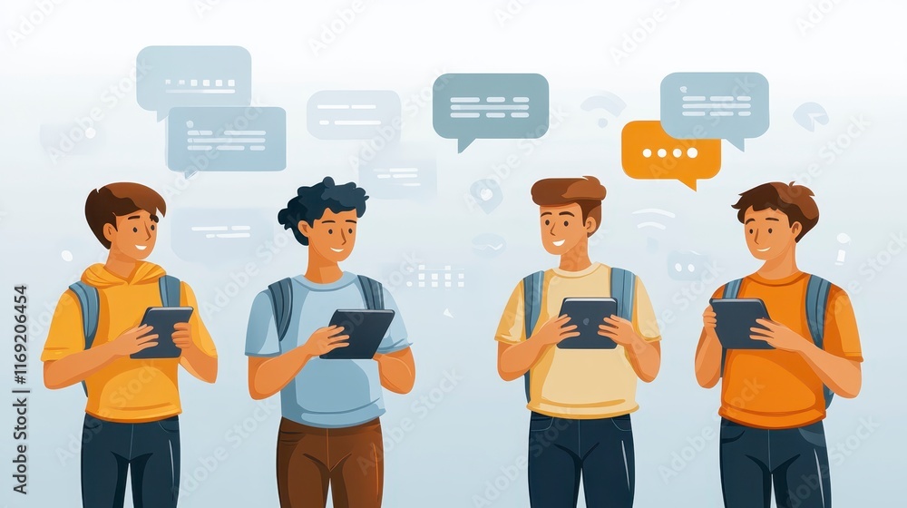 Young Men Students Using Tablets Social Media Chat Bubbles Group Discussion Technology Young Men Students Using Tablets Social Media Chat Bubbles Group Discussion Technology