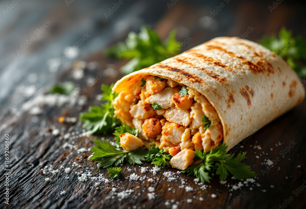a half-cut grilled chicken wrap on a dark wooden background a half-cut grilled chicken wrap on a dark wooden background