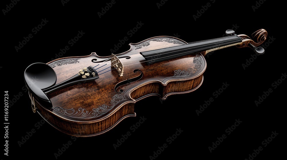 Obraz premium A close-up of a violin and bow resting dramatically on a black background.