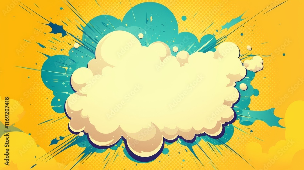Comic Book Style Speech Bubble Exploding on Yellow Background with Teal Splashes.. Comic Book Style Speech Bubble Exploding on Yellow Background with Teal Splashes..