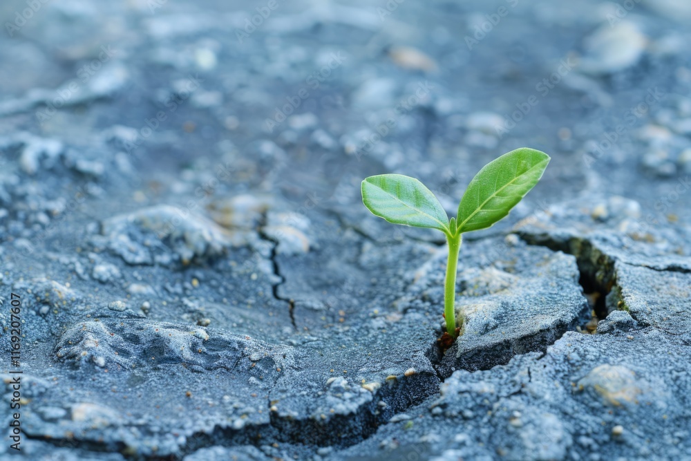 A small green plant is growing in the middle of a rocky, cracked ground A small green plant is growing in the middle of a rocky, cracked ground