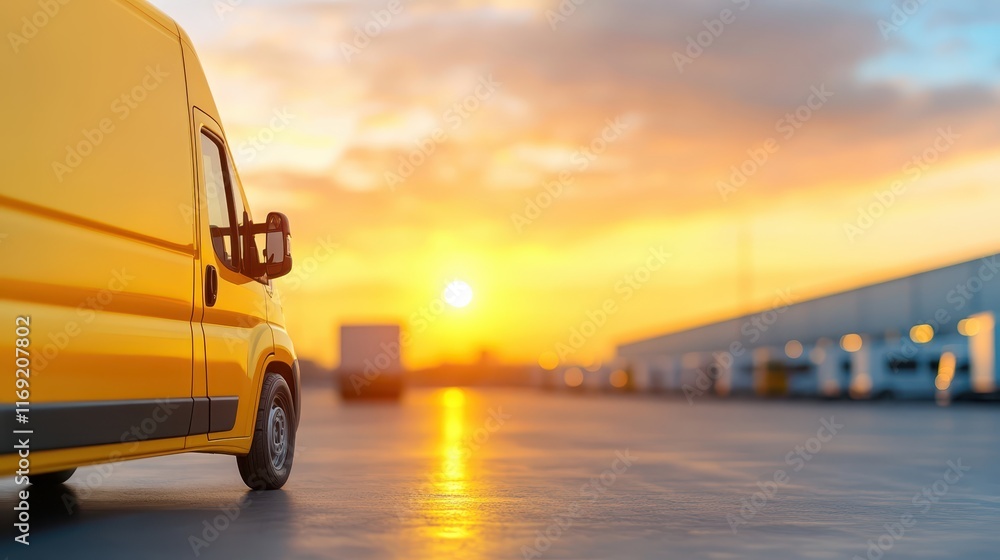 Naklejka premium Yellow truck parked in parking lot, commercial vehicle for transportation and logistics