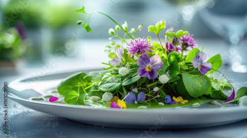 Haute cuisine vegetables, flowers, wild herbs and leaves dish bursting of flavour and colour. Healthy dish celebrate diversity and freshness of seasonal vegetables photo