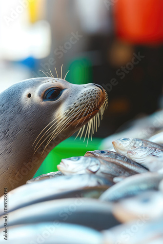 A seal looking at selection assortment of fish at an outdoor fish market. A sea lion at a seafood store  photo