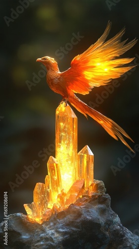 Majestic and powerful phoenix bird rising from a glowing fiery crystal formation atop a dramatic craggy mountainside  The mythical creature s vibrant red and orange plumage shines with an ethereal photo