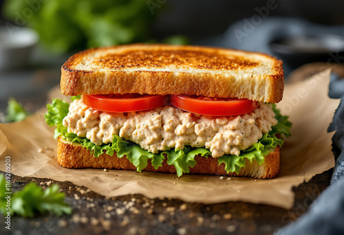 A photo of a melted canned tuna toasts sandwich with lettuce and sliced tomato