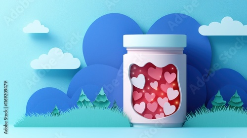 Valentine's Day paper cut out background concept. A colorful jar filled with heart-shaped candies against a blue background