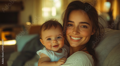 A woman is holding a baby and smiling. The scene is warm and loving, showing the bond between a mother and her child