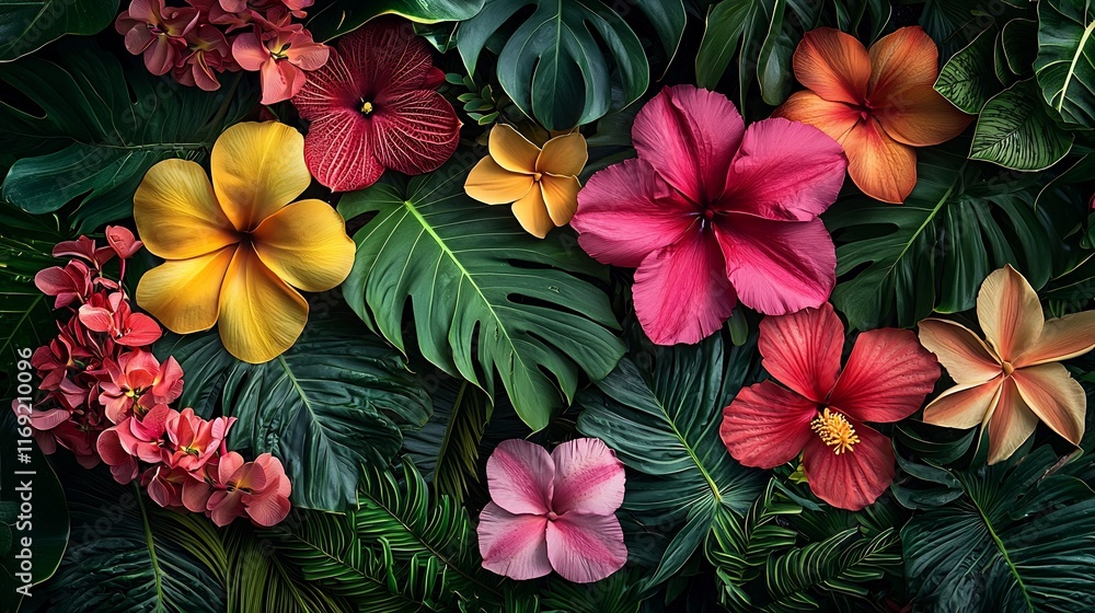 Fototapeta premium Vibrant Tropical Flora with Exotic Flowers and Lush Foliage in a Botanical Oasis