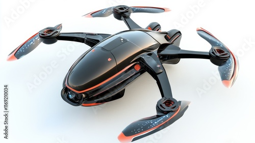 Futuristic delivery drone on white background featuring a sleek and modern design with rotating propellers, ideal for illustrations of ai-powered technology, aerial logistics, and advanced autonomous 