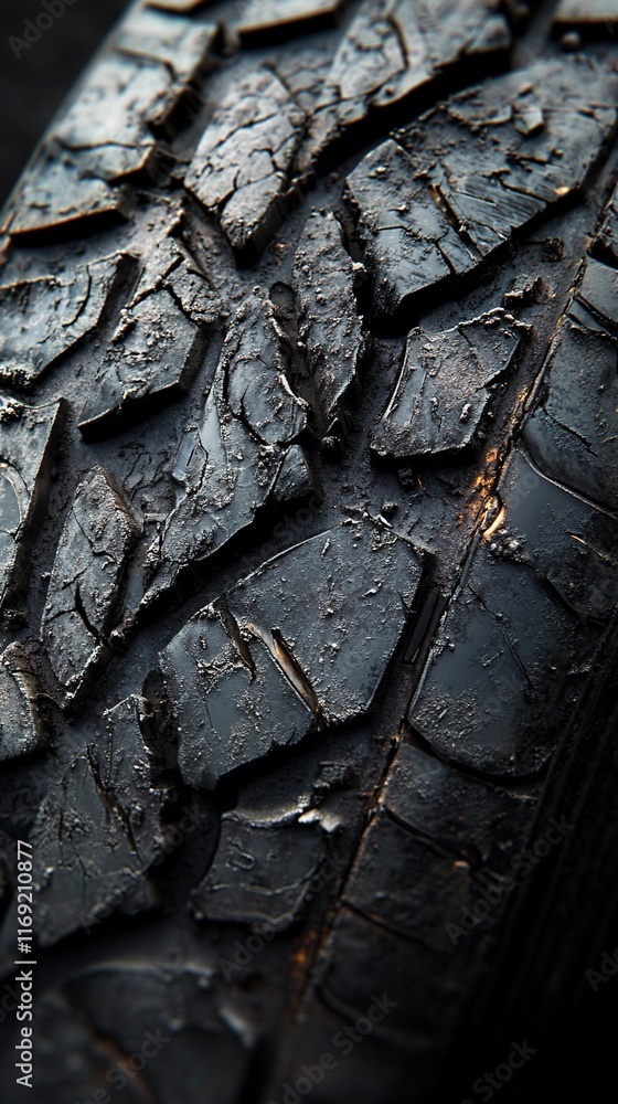 Close-up of worn, cracked black tire tread. Close-up of worn, cracked black tire tread.