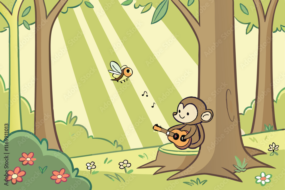 Naklejka premium A lively forest scene with vibrant green foliage, tall trees, and rays of sunlight filtering through the canopy. At the center, a playful monkey is seated on a moss-covered log, skillfully playing a s