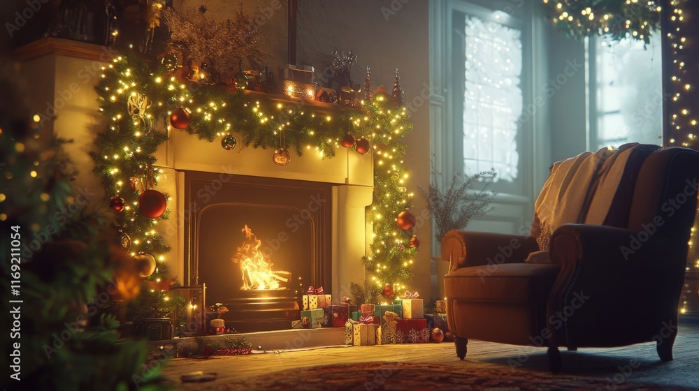 Cozy fireplace with glowing lights, a warm chair, and festive decor. Perfect for Christmas evenings by the fire. Cozy fireplace with glowing lights, a warm chair, and festive decor. Perfect for Christmas evenings by the fire.