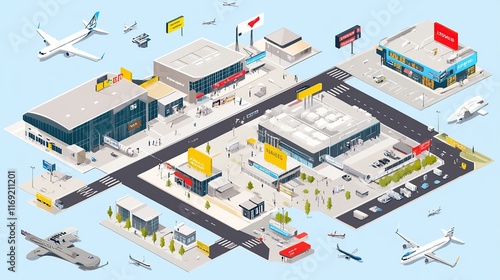 An isometric illustration of a bustling international airport terminal.