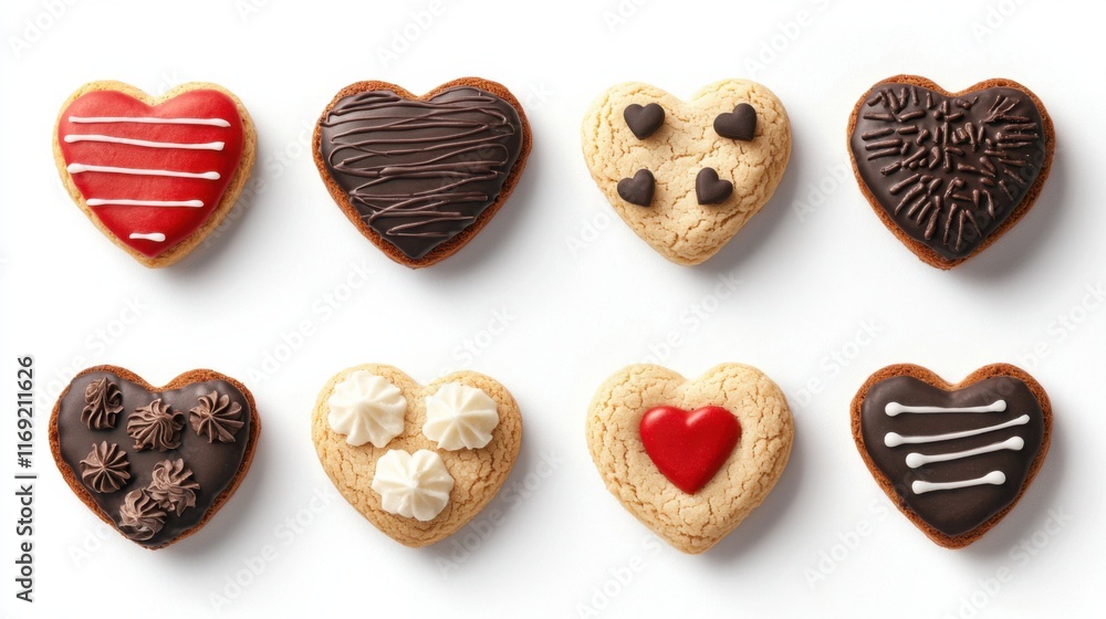 Set of delicious heart-shaped cookies for Valentine's Day on white background Set of delicious heart-shaped cookies for Valentine's Day on white background