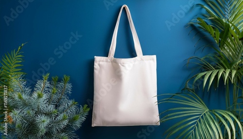 white shopping tote bag mockup hanging on hook green plants blue background