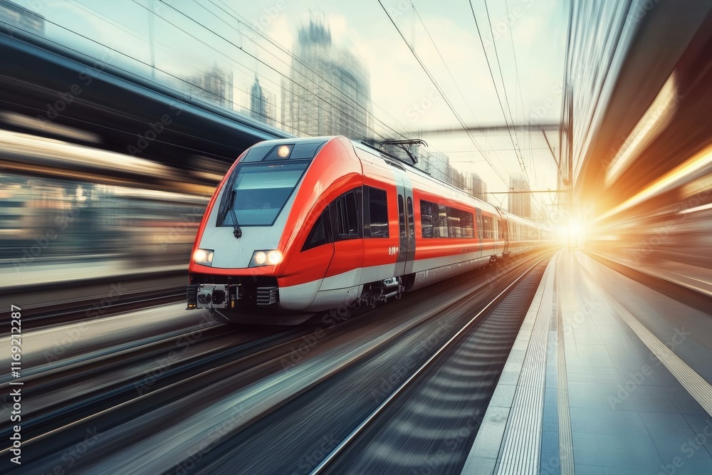 Fototapeta premium High-Speed Train Moving Through Urban Station